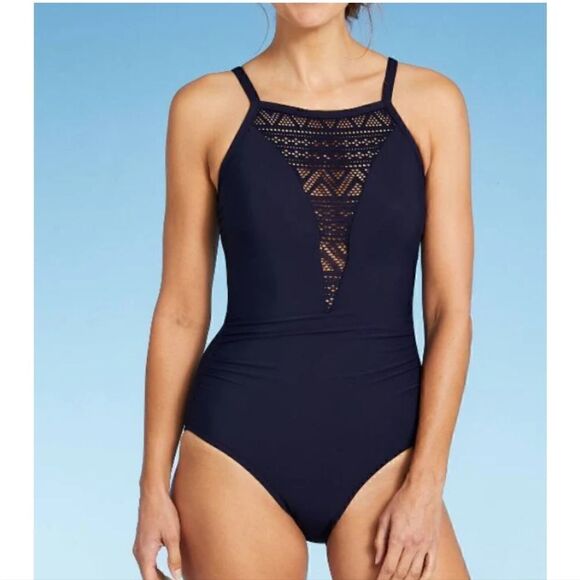Aqua Green Crochet High Neck One Piece Swimsuit Bathing Suit Navy NWT - Picture 1 of 2